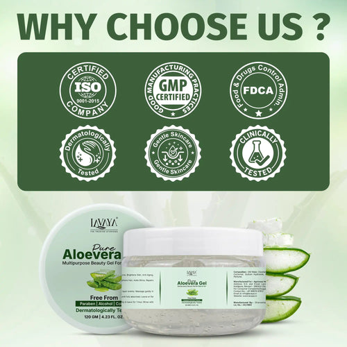 Lavera Pure Aloe Vera beauty gel with certification logos on a green background