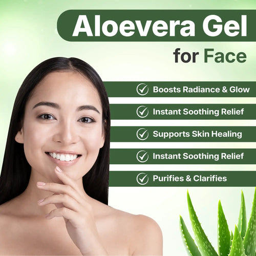 Advertisement for aloe vera gel for face with a woman's face and aloe vera plant on a green background.