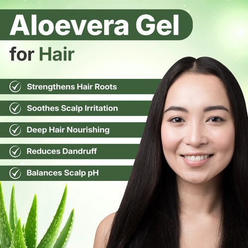 Advertisement for aloe vera gel for hair with a woman and aloe vera plant on a green background