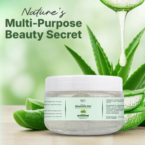 Jar of aloe vera gel with aloe leaves and text 'Nature's Multi-Purpose Beauty Secret' on a green background