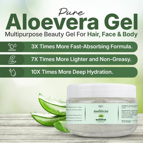 Aloe vera gel jar with aloe vera leaves on a wooden surface and green background