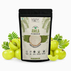 Lavaya Organic Amla Powder packaging with amla fruits and leaves on a white background
