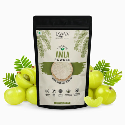 Lavaya Organic Amla Powder packaging with amla fruits and leaves on a white background