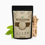 Lavaya Organic Ashwagandha Powder package with ashwagandha root and leaves on a white background