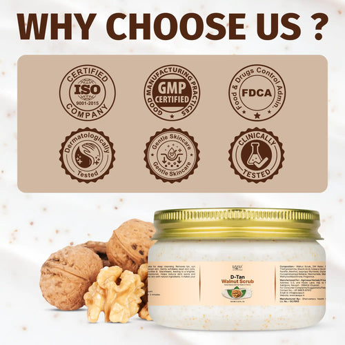 Jar of D-Tan Walnut Scrub with certification logos on a beige background