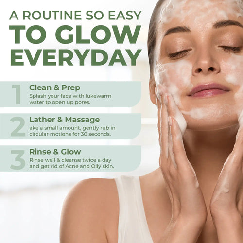 Woman applying facial cleanser with a skincare routine guide on a white background