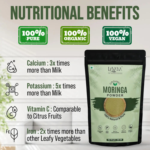 Lavaya Moringa Powder packaging with nutritional benefits text on a white background