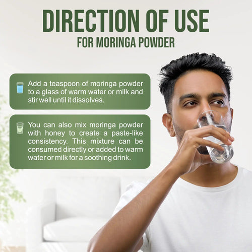 Person drinking water with text on direction of use for moringa powder