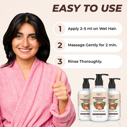 Woman in pink robe with Moroccan Argan hair care products and usage instructions.