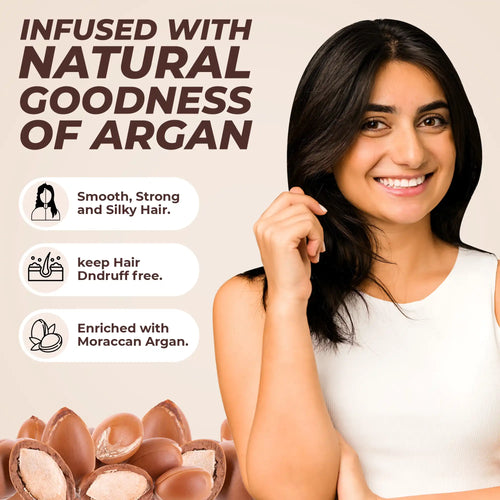 Woman with smooth hair against a beige background with text about argan oil benefits.