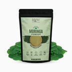 Lavaya Organic Moringa Powder packaging with green leaves on a white background