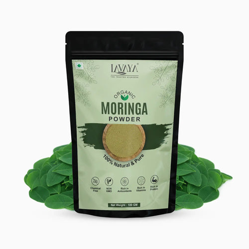Lavaya Organic Moringa Powder packaging with green leaves on a white background