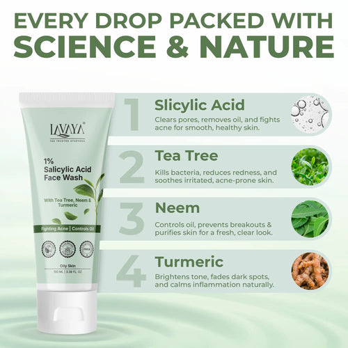 Lavaya Salicylic acid face wash tube with ingredients listed on a green background