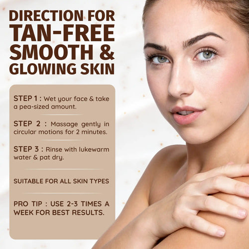 directions for tan-free smooth and glowing skin with a model's face and arm.