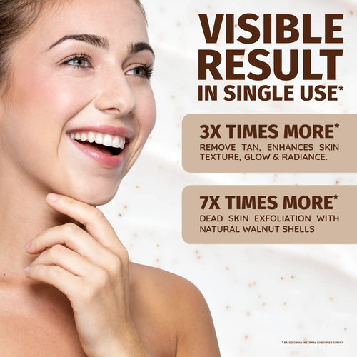 Advertisement showing a woman's face with text about lavaya d tan scrub benefits