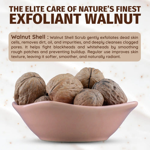 Walnuts in a bowl with text about walnut shell scrub benefits on a light background