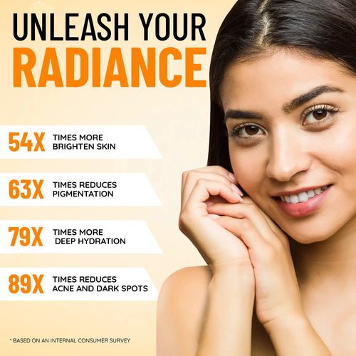 Advertisement for Vitamin C Serum product with a woman's face and text highlighting skincare benefits.