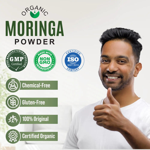 Man giving a thumbs up next to organic moringa powder branding with certification logos on a white background