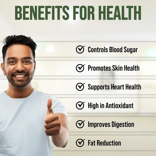 Man giving a thumbs up with health benefits listed on a light background