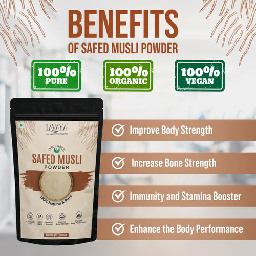 Promotional image of Safed Musli Powder packaging with health benefits listed on a light background.