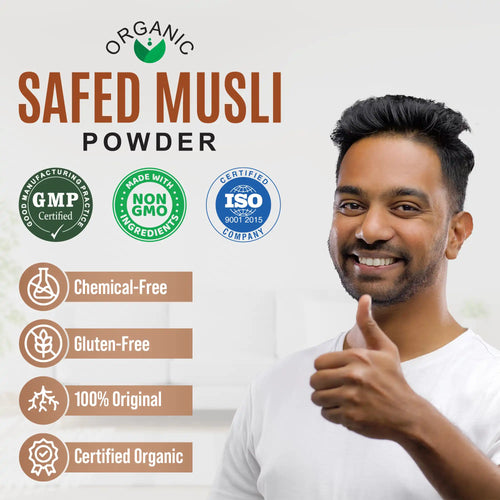 Man giving a thumbs up with 'Organic Safed Musli Powder' branding and certification logos on a light background.