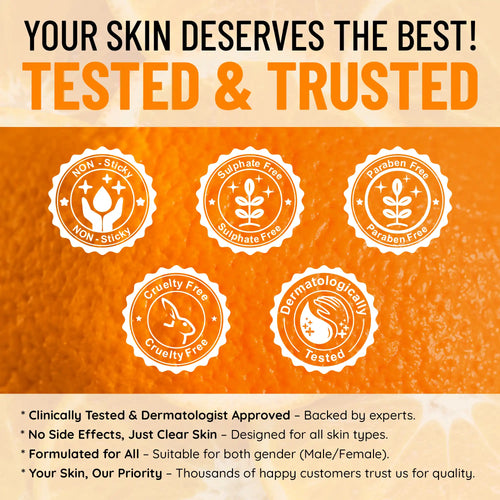 Product packaging with certification logos and promotional text on an orange background