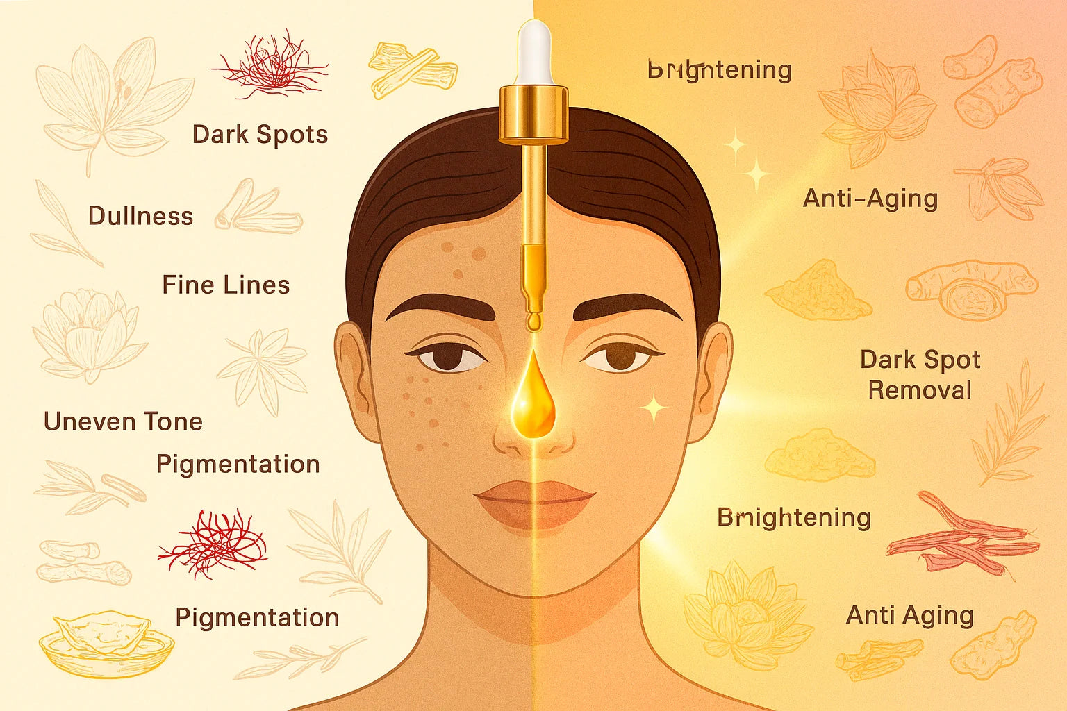Before and after illustration showing kumkumadi oil benefits - treats dark spots, pigmentation, dullness, fine lines, uneven tone, and provides brightening and anti-aging effects