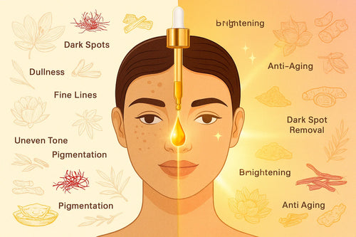 Before and after illustration showing kumkumadi oil benefits - treats dark spots, pigmentation, dullness, fine lines, uneven tone, and provides brightening and anti-aging effects
