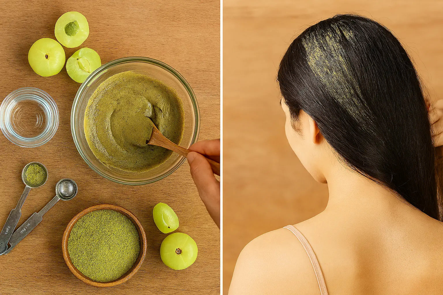 Amla powder hair mask preparation and application results showing before and after hair treatment
