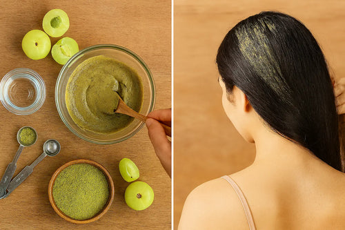 Amla powder hair mask preparation and application results showing before and after hair treatment