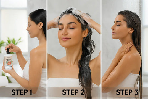 How to use Argan Oil Shampoo - step-by-step guide showing application, shampooing technique, and results for healthy, shiny hair - hair care routine tutorial