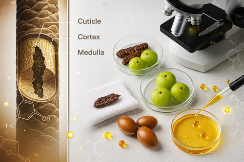 Science of Argan Oil Shampoo - hair strand cross-section anatomy with natural ingredients including argan oil, amla, and shikakai in laboratory setting with molecular structures - research-backed hair care