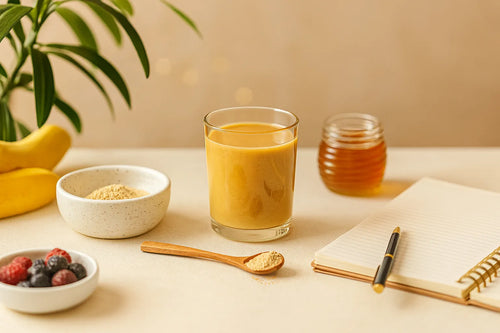 A glass of orange smoothie on a table, accompanied by a bowl of yellowish powder, a jar of honey, a small bowl of mixed berries, a banana, a wooden spoon with powder, and an open notebook with a pen.