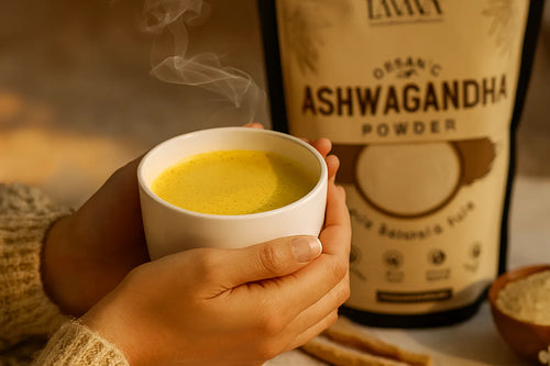 Ashwagandha latte with organic ashwagandha powder package