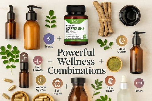 KSM-66 Ashwagandha 10 benefits infographic with golden capsules and health icons