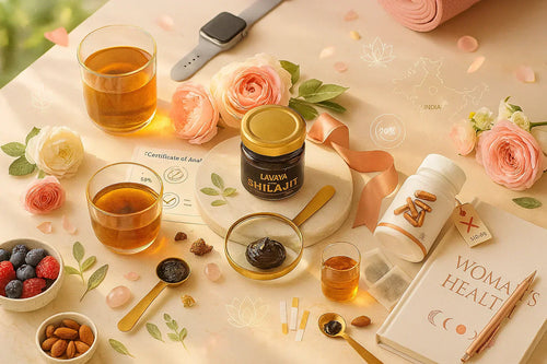Flat lay of wellness products including Lavaya Shilajit jar, herbal teas, roses, almonds, berries, supplements, and a "Woman's Health" book with India-themed decorative elements.