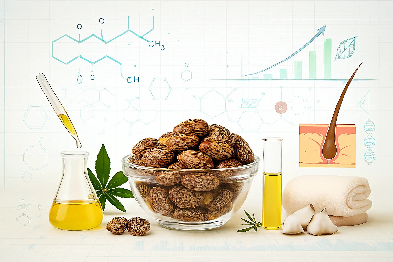 Pure castor oil seeds in glass bowl with scientific elements