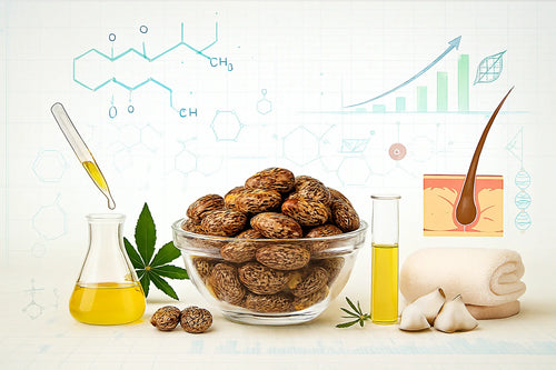 Pure castor oil seeds in glass bowl with scientific elements