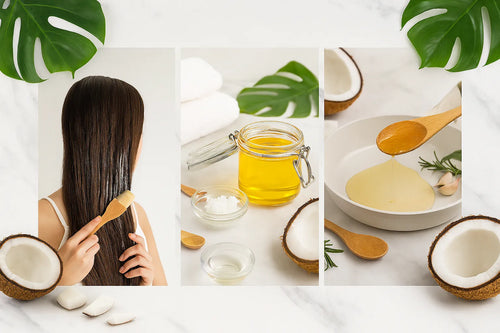 Coconut oil usage guide - Hair treatment, skincare application, and cooking uses with natural ingredients