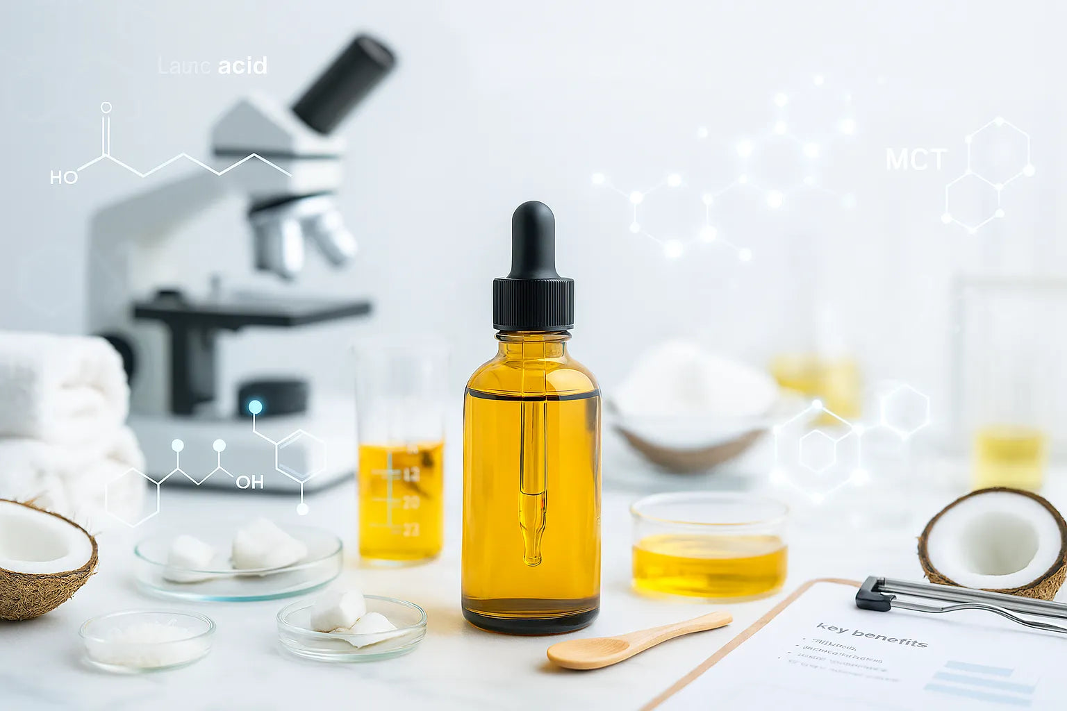 Coconut oil scientific research - Laboratory setting with molecular structures, MCT analysis, and lauric acid compounds