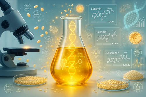 Sesame oil science guide - molecular compounds sesamin, sesamol, sesamolin with DNA helix, microscope and nutritional research showing fiber, protein and vitamin content