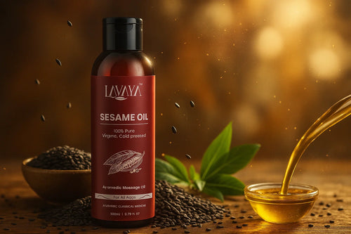 LAVAYA 100% pure cold pressed sesame oil 300ml Ayurvedic massage oil with black sesame seeds and golden oil