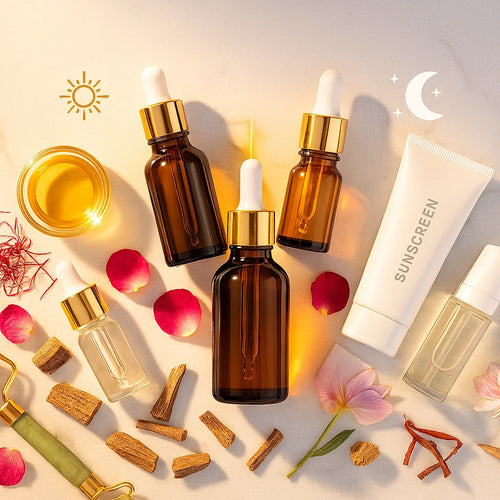 Complete kumkumadi face oil skincare routine flatlay with amber dropper bottles, sunscreen, jade roller, saffron, sandalwood, and rose petals for day and night use