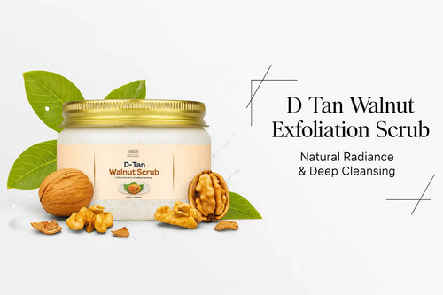 D Tan Walnut Exfoliation Scrub jar with gold lid surrounded by fresh walnuts, walnut kernels and green leaves on white background - Natural face scrub for de-tanning and skin brightening