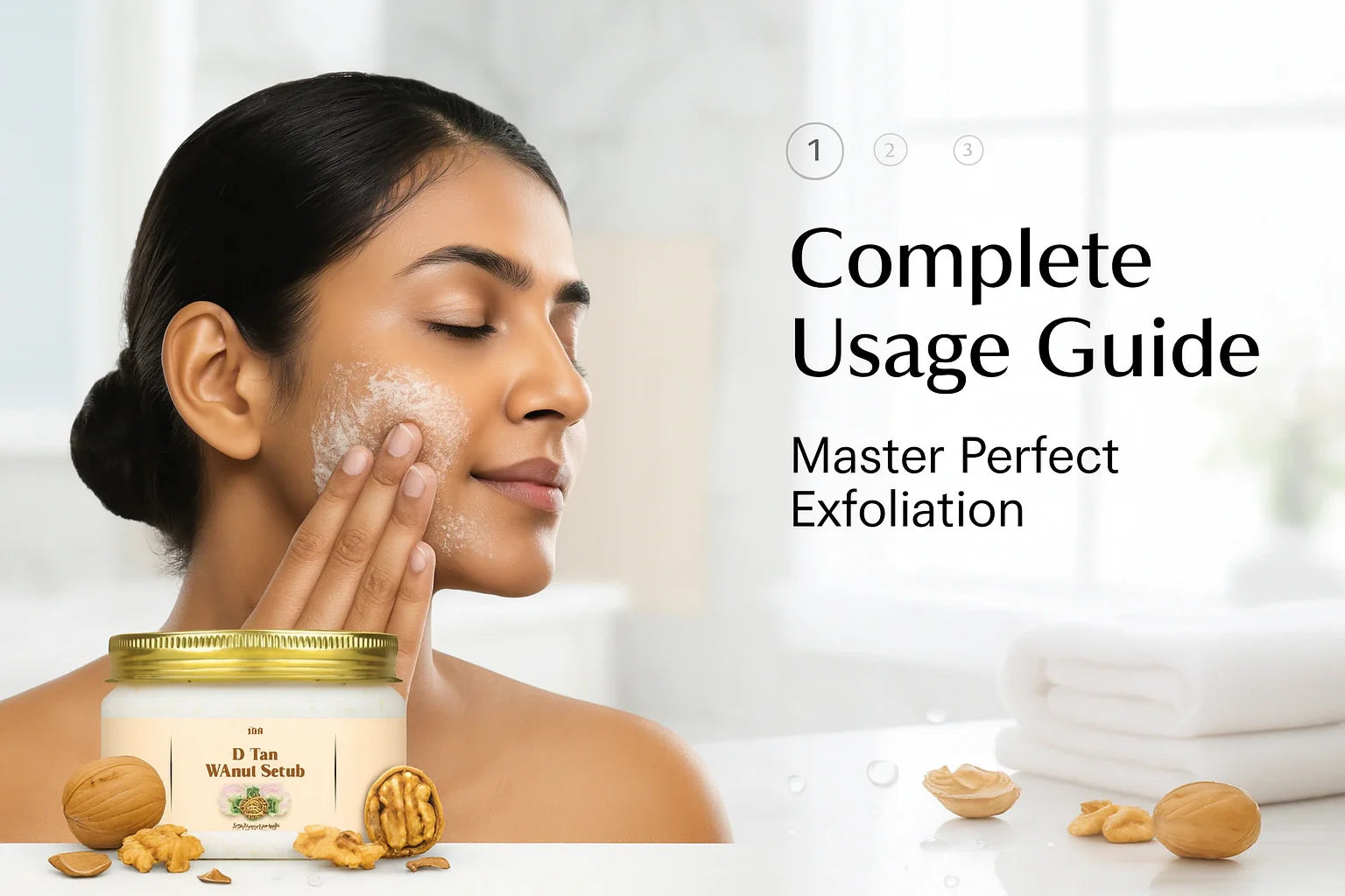 Indian woman demonstrating how to use D Tan Walnut Exfoliation Scrub by Lavaya - Step-by-step guide showing gentle circular massage application on face for perfect exfoliation and de-tanning