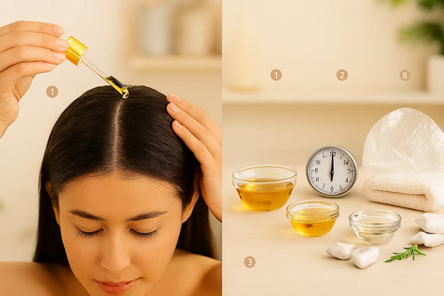 Woman applying castor oil to hair scalp with dropper