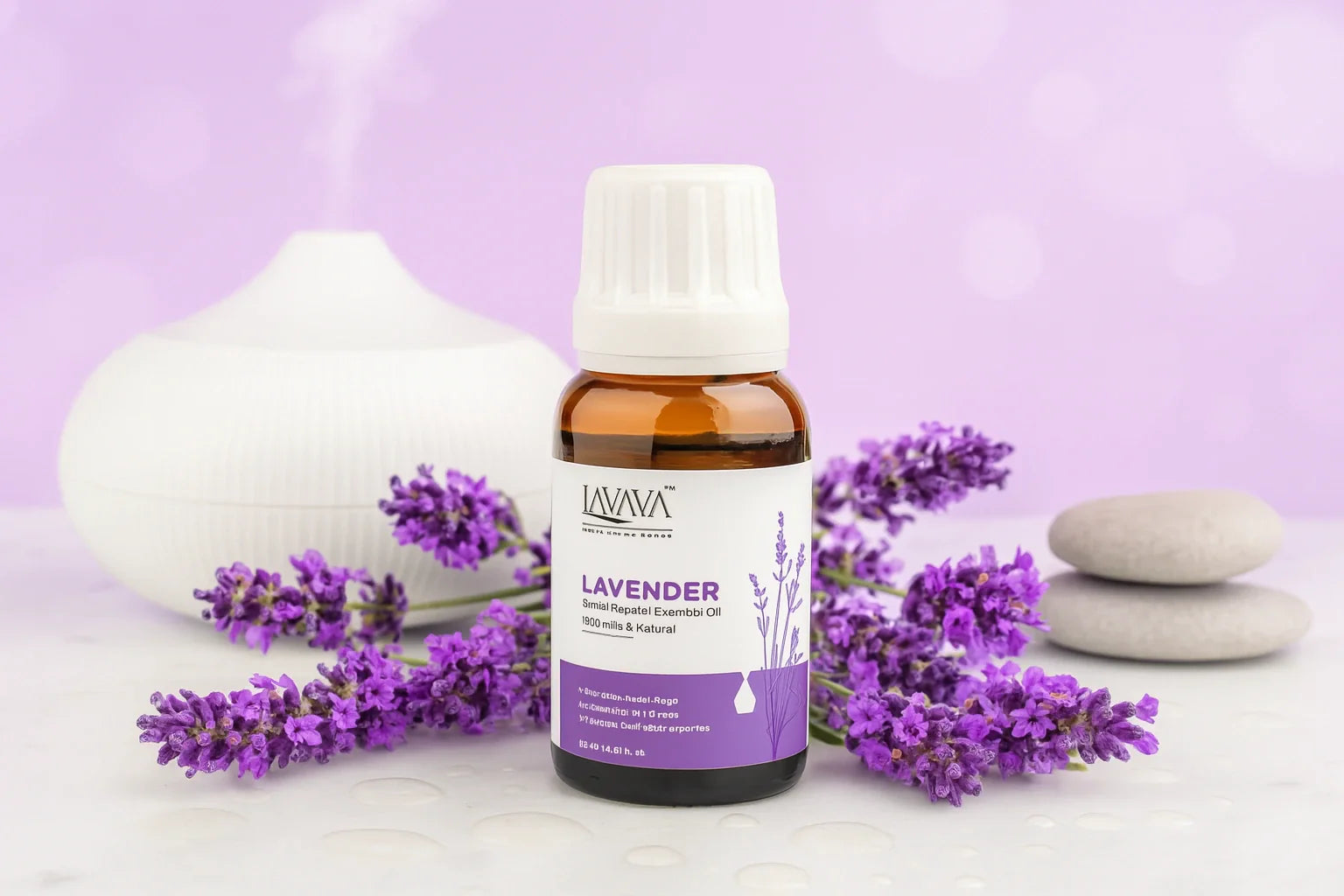 Lavaya Lavender Essential Oil with fresh lavender flowers and spa accessories