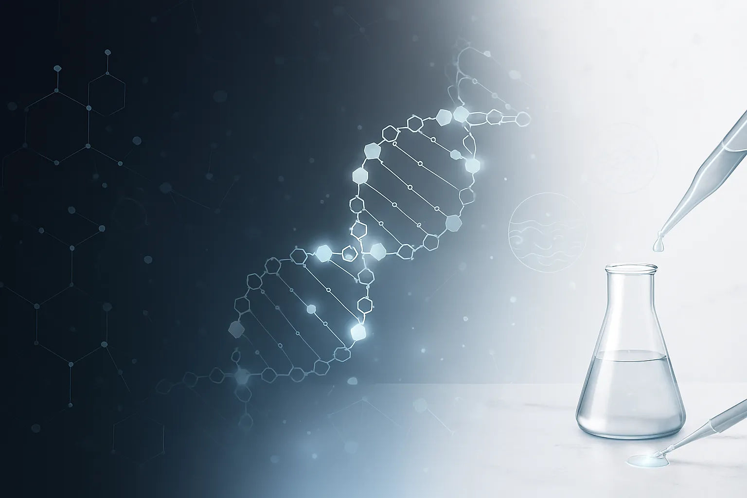 DNA helix with molecular structure and laboratory glassware representing skincare science and biotechnology research