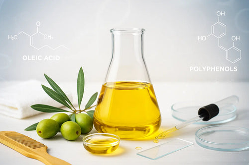 Science of olive oil for beauty - research-backed guide showing laboratory beaker with golden olive oil, fresh green olives, olive branch, petri dishes, and molecular structure diagrams of oleic acid and polyphenols with wooden comb