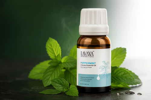 LAVAYA peppermint essential oil bottle 15ml for natural wellness with fresh green mint leaves - benefits include niche care, restoration, growth and hair revitalization for aromatherapy and therapeutic uses